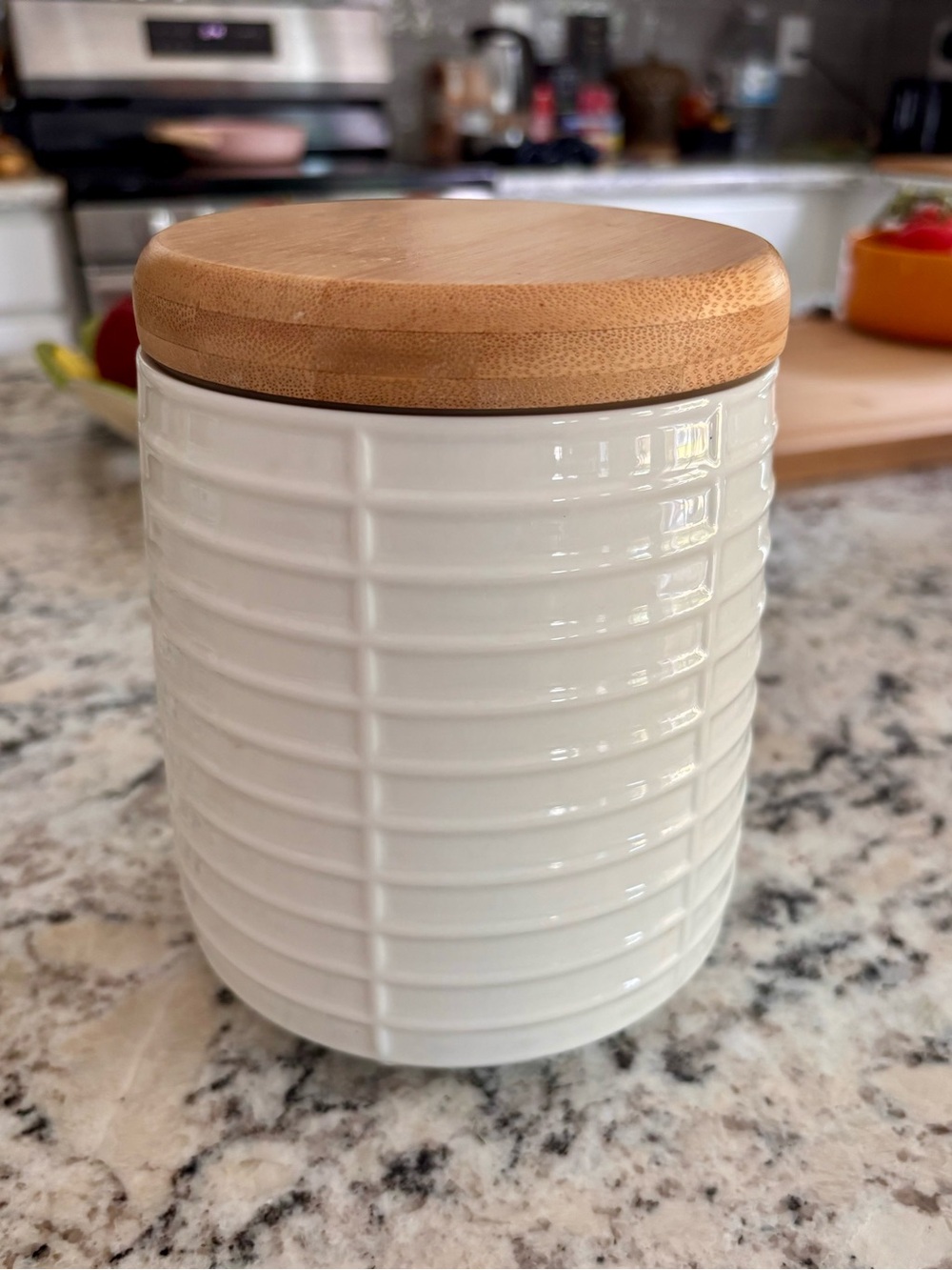 Ceramic white Porcelain Tea or small cookie container with Bamboo Lid